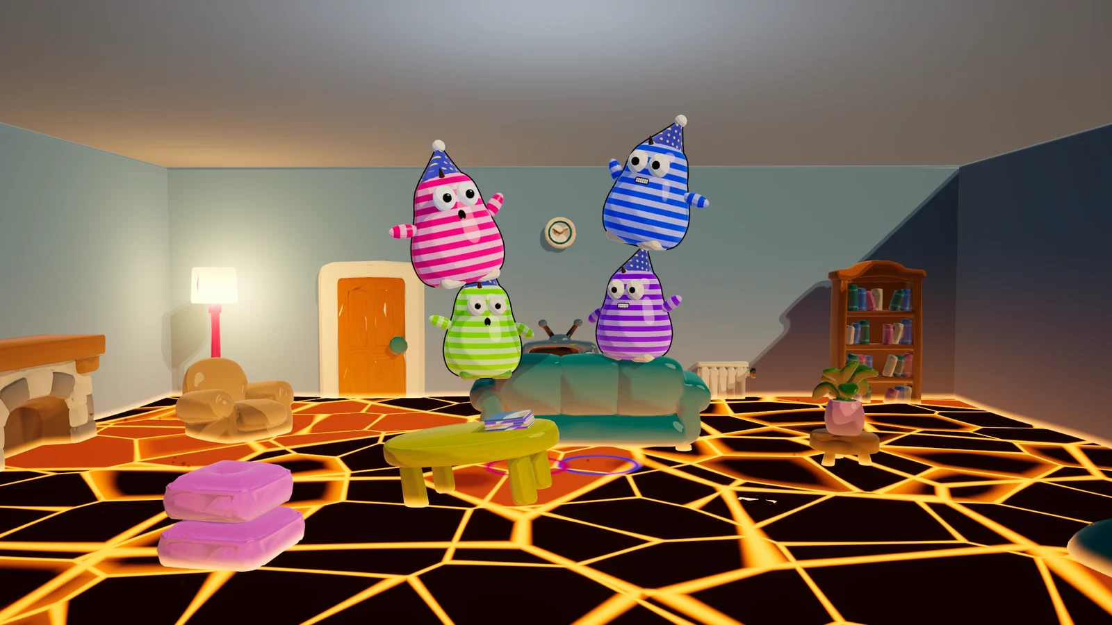 Four colourful Loungers jump between floating furniture above the lava in a living room.